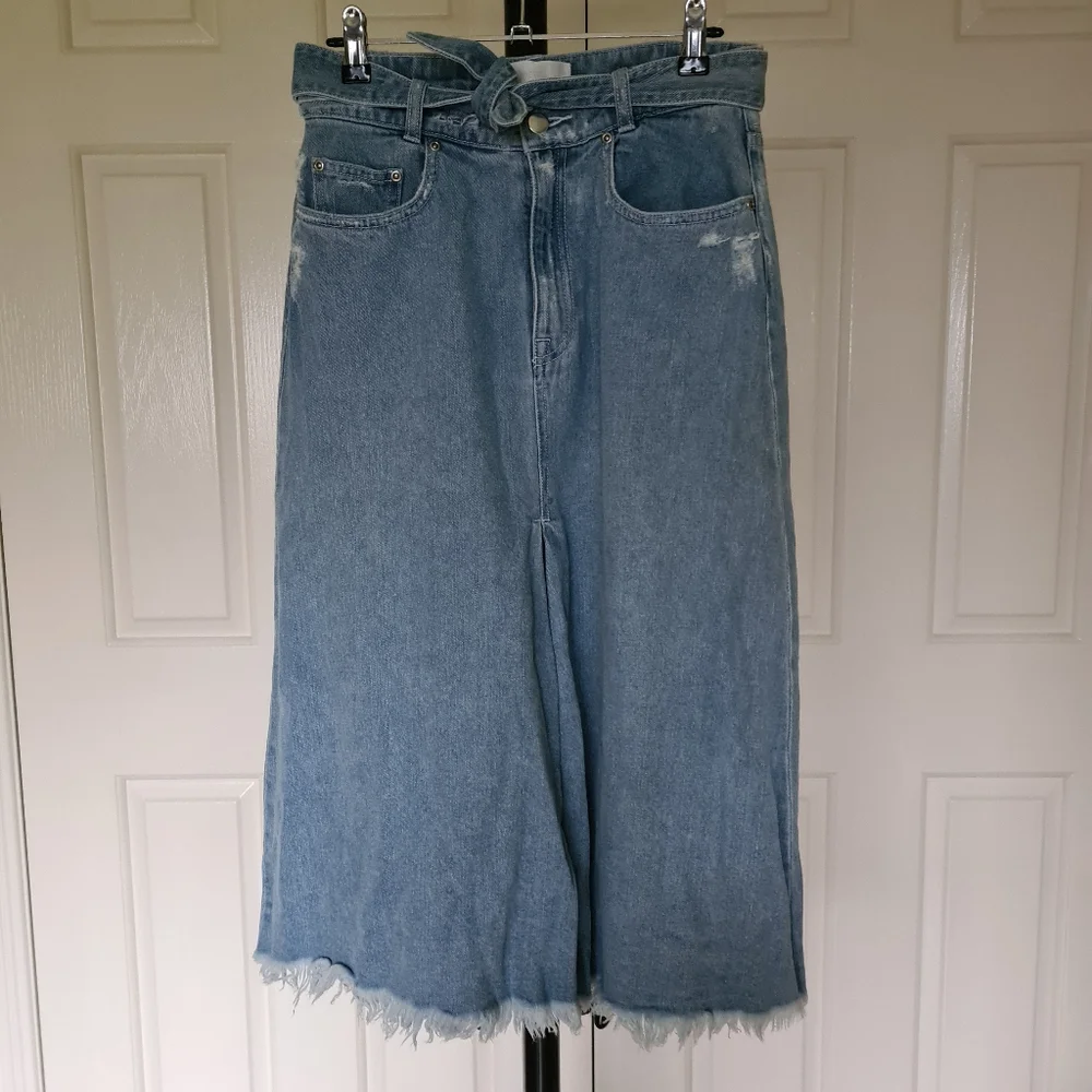 Zimmermann Denim 1 Faded Blue Distressed Knee Lenght with Waist Strap Belt Skirt - Picture 1 of 11